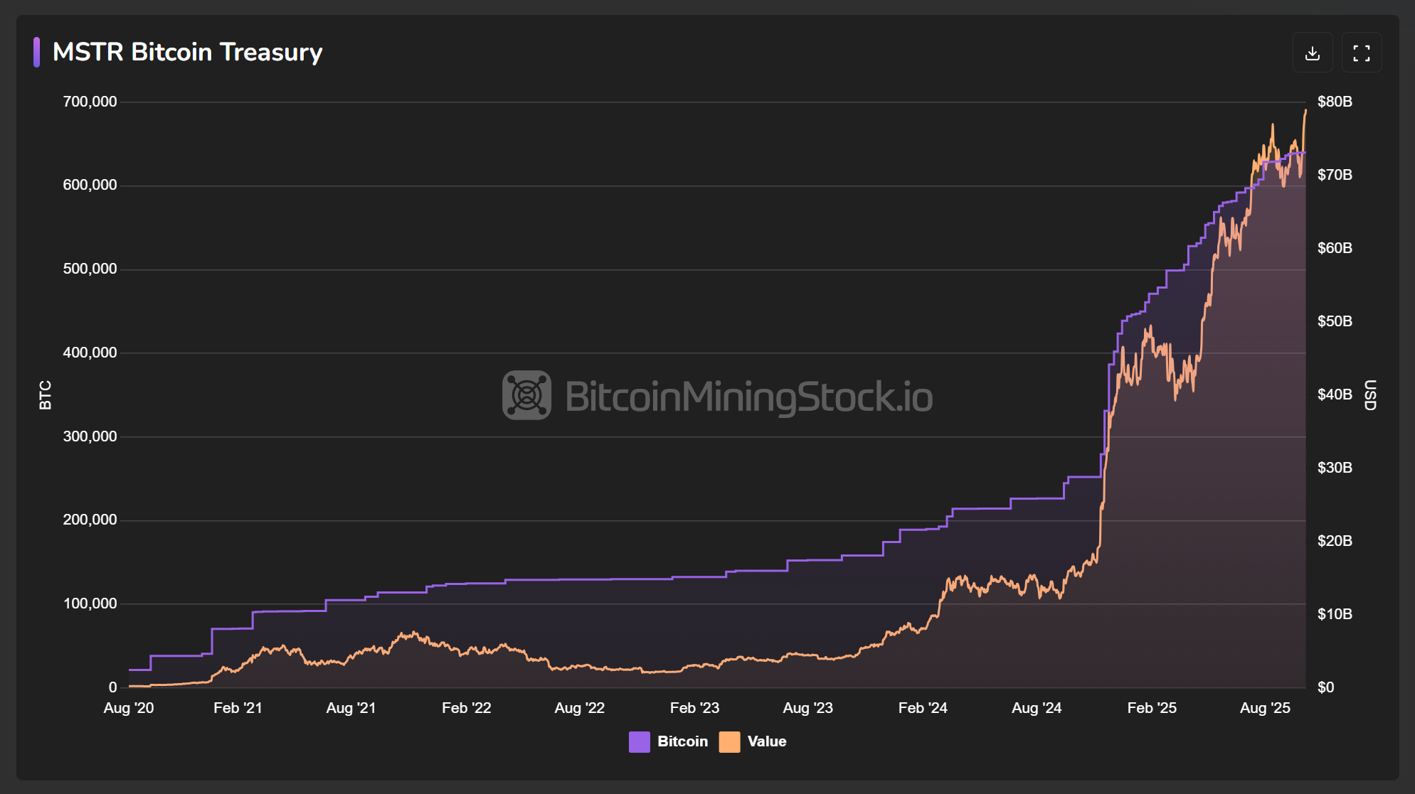 Strategy MSTR Bitcoin treasury holdings chart showing BTC accumulation over time