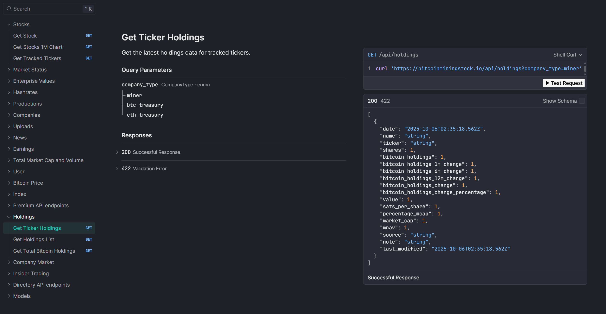 Bitcoin Treasuries API documentation page showing available endpoints and data fields