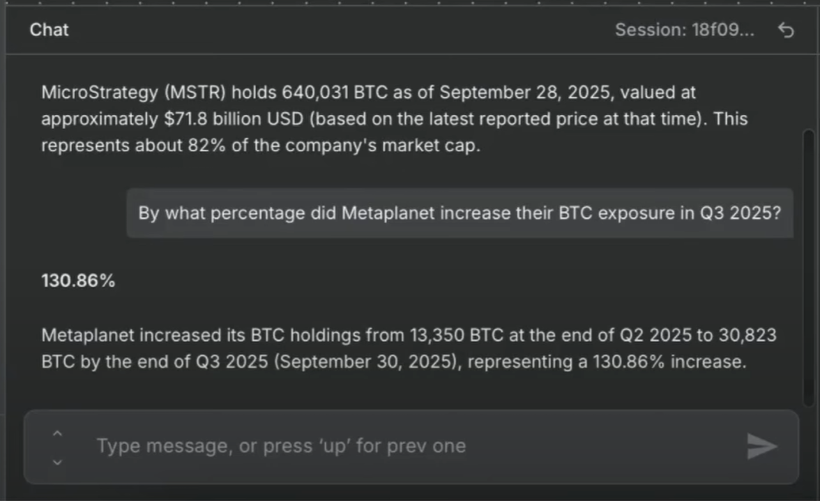 MCP server natural language query example for Bitcoin treasury data using an LLM