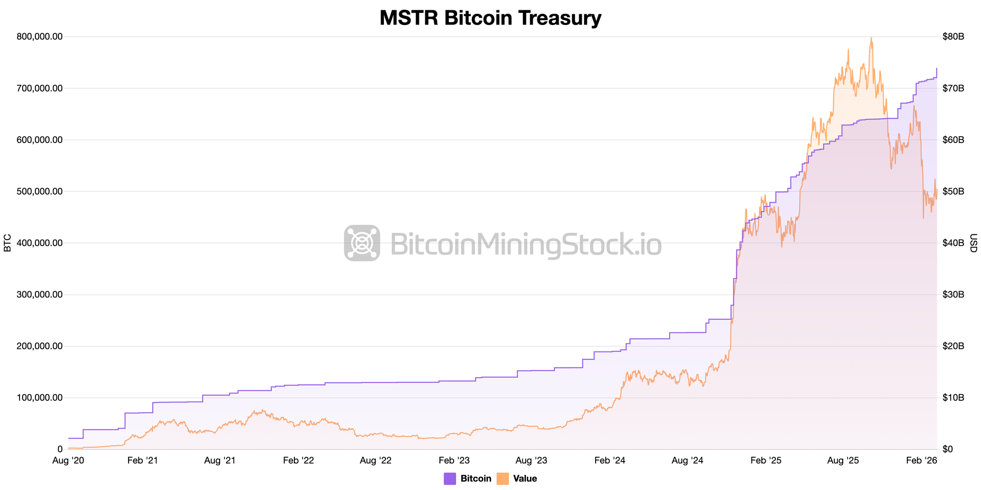 Strategy Inc (MSTR) Bitcoin treasury holdings chart showing staircase accumulation pattern reaching 738,731 BTC